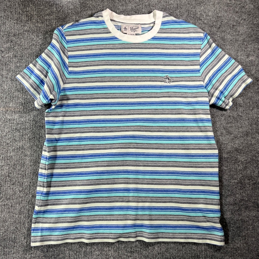 Original Penguin Mens Striped T-Shirt Blue Teal White XL Short Sleeve Tee B48